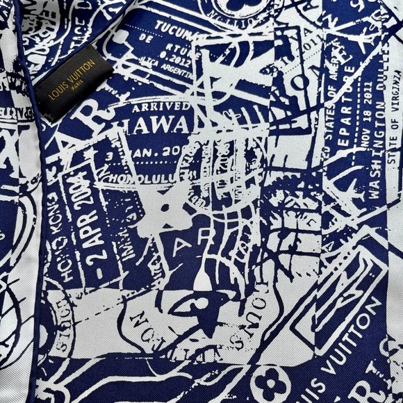 New Louis Vuitton Scarf Luggage Travel Stamps Blue Silk Scarf Wrap - Picture 9 of 14